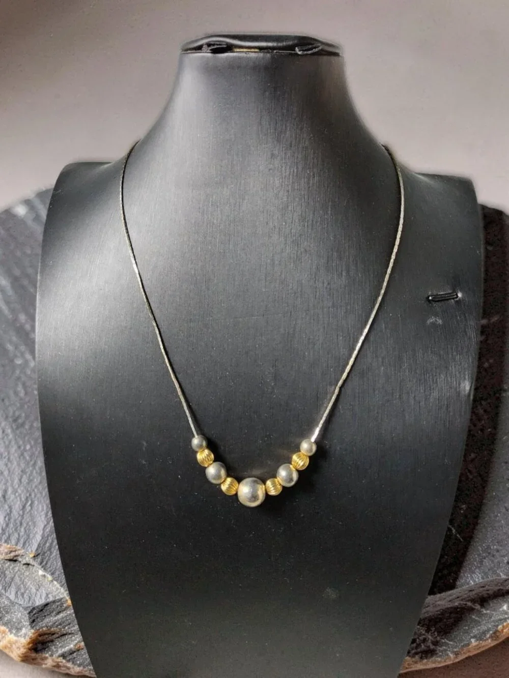 vintage gold and silver tone round metal bead piama style chain necklace